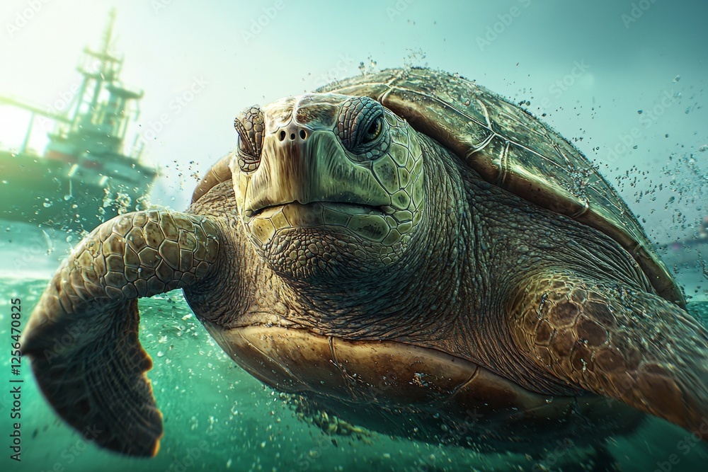 Poster turtle is swimming in the ocean with a ship in the background