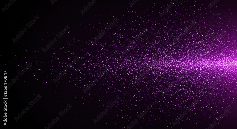 Poster a mesmerizing burst of sparkling purple glitter particles spreading dynamically across a dark gradie
