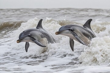 Obraz premium Two dolphins leaping joyfully from ocean waves, displaying their playful spirit while highlighting the vibrant marine ecosystem and dynamic underwater life surrounding them