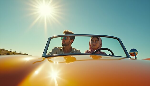 Diverse Young Couple Joyful in Yellow Convertible under Bright Sunlight