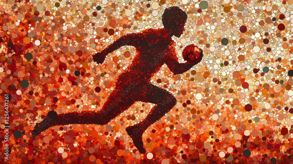 Poster silhouette of a football player from the particles. the player consists of small circles.