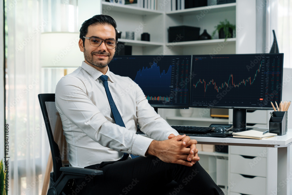 Aufkleber profile of successful in trader businessman looking at camera with two stock exchange investment scr