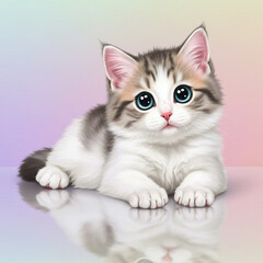 Adorable kitten with blue eyes and fluffy fur on a pastel background.