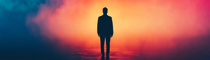 Silhouette figure standing in glowing fog, mysterious and cinematic