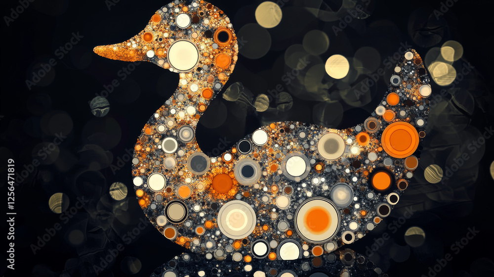 Poster duck of the particles. the duck consists of circles and dots.