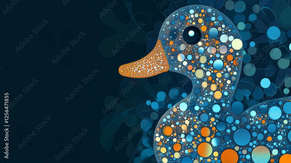 Poster duck of the particles. the duck consists of circles and dots.