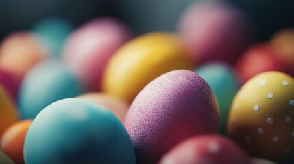   A colorful group of eggs is perched atop a pile of similar hued eggs stacked together