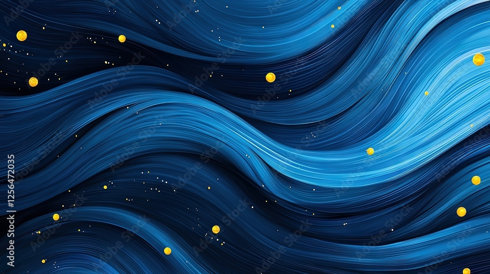 Poster a stunning depiction of a wavy blue wave with clusters of golden dots scattered throughout and a lum