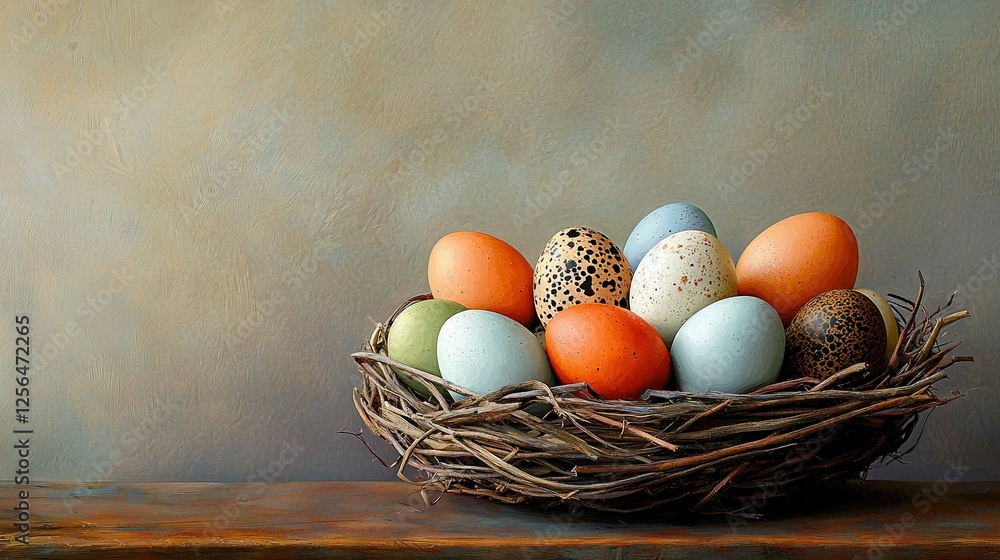 Poster painting of eggs in a bird's nest on a table with a wall in the background