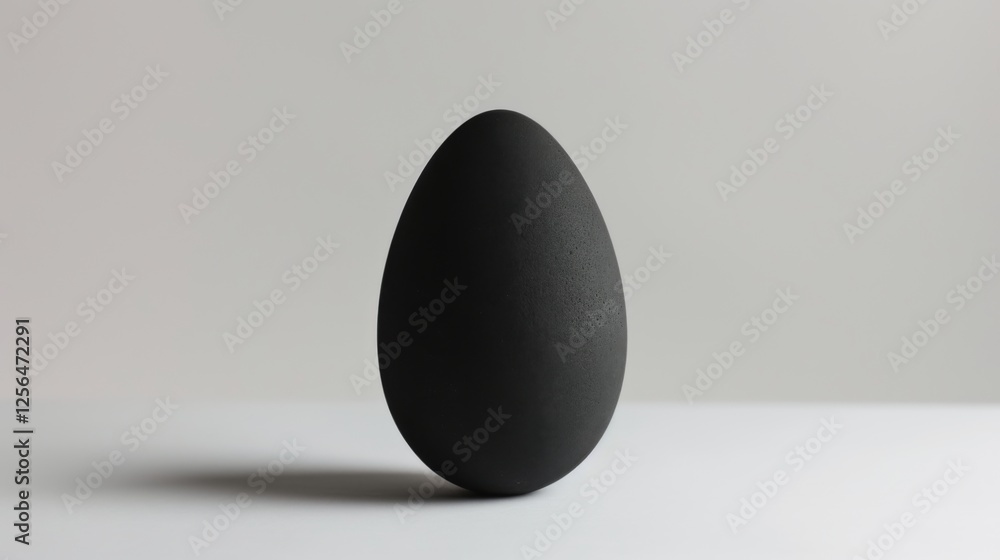 Poster a striking minimalist image of a black egg standing upright on a smooth white surface with soft shad
