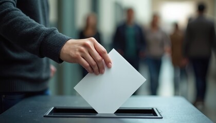 Close-up of hand putting ballot in vote box. Voter casts vote during elections. Democratic process. Citizens participate in government. Choose candidate. Voting right, civic responsibility to shape