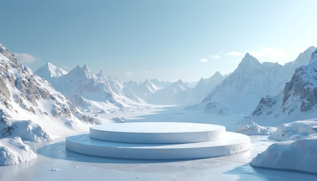 Winter landscape features snow mountains. Ice podium platform, cosmetic display background. Cool white pedestal for product presentation. Minimal scene, blue sky. Cold glacier nature, frozen - Powered by Adobe