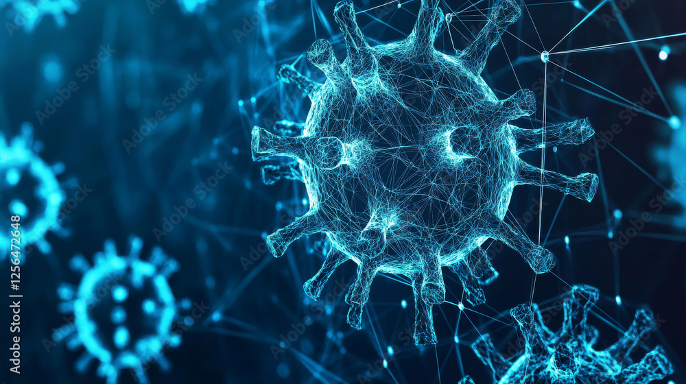 Poster computer virus hologram made of polygons and lines. a low-poly digital infection network, representi
