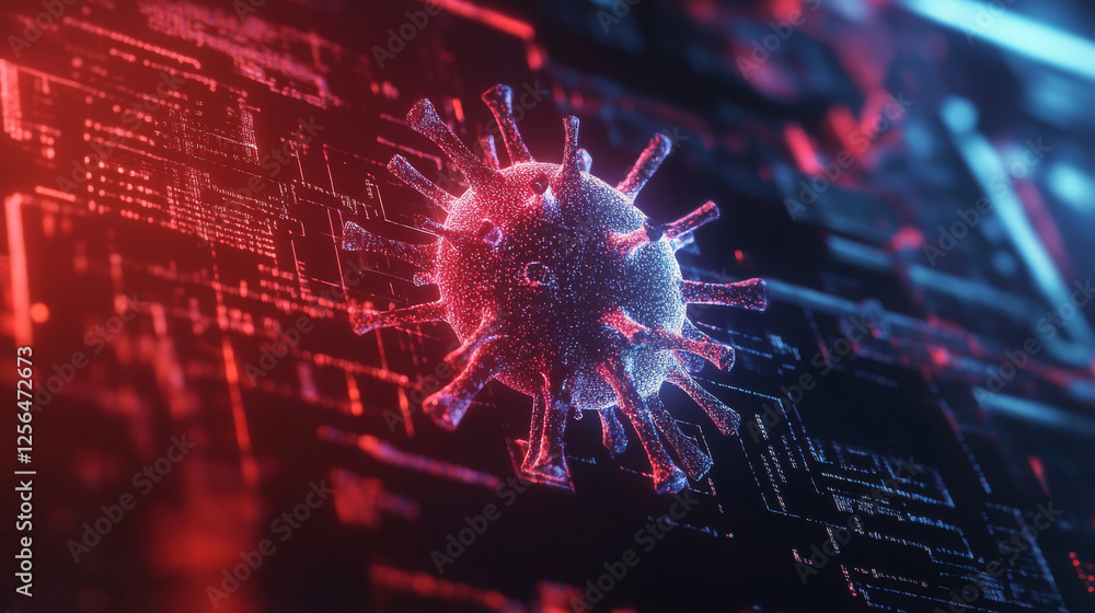 Poster computer virus hologram made of polygons and lines. a low-poly digital infection network, representi