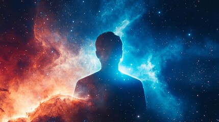 Starlit figure glowing with cosmic energy, floating in a galaxy of nebulae