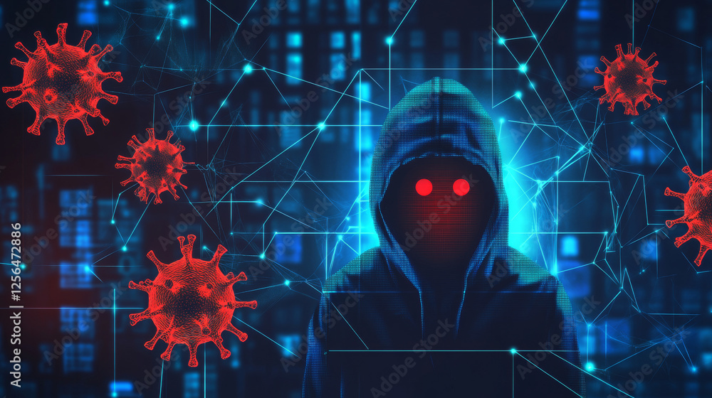 Poster computer virus hologram made of polygons and lines. a low-poly digital infection network, representi