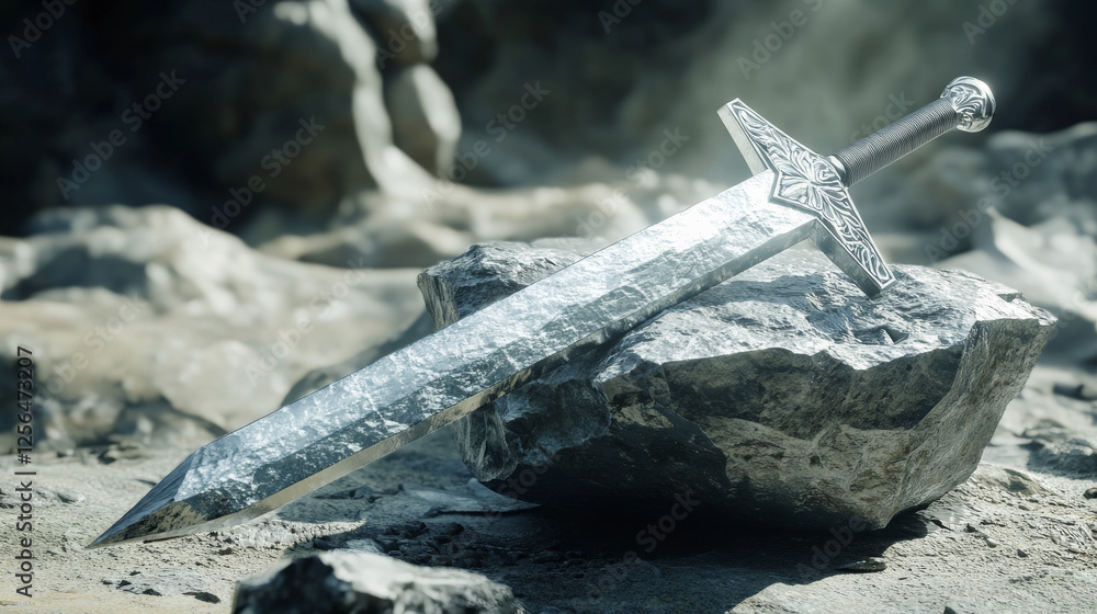 Poster a hologram of a sword in stone. a sword stuck in a stone made of polygons, triangles of dots and lin