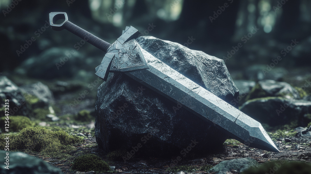 Aufkleber a hologram of a sword in stone. a sword stuck in a stone made of polygons, triangles of dots and lin
