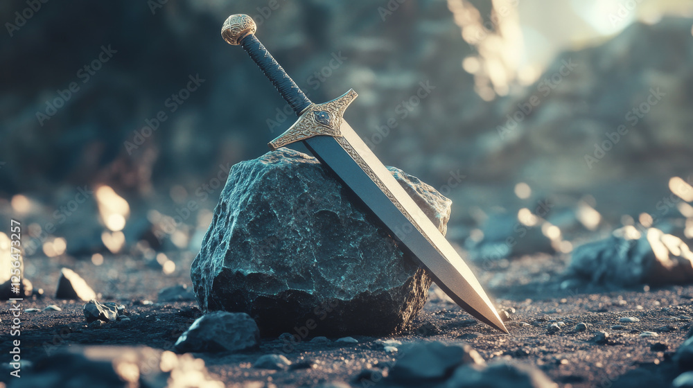 Aufkleber a hologram of a sword in stone. a sword stuck in a stone made of polygons, triangles of dots and lin