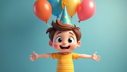 Joyful cartoon boy celebrates birthday with balloons, party hat. Cheerful 3D character with happy face, wearing t-shirt, open arms expressing positive emotions against blue background. Kids party
