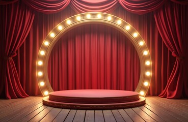 Vibrant 3D render of circus stage podium with classic red show curtain, carnival lights. Interior design of theatre room. Table with candle on wooden floor creates night mood. Luxury hotel decoration.