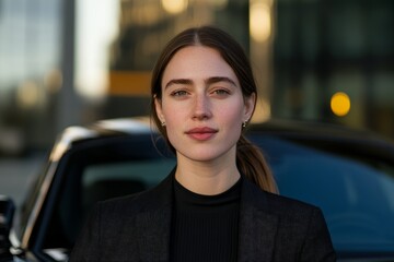 Confident young caucasian female in urban setting