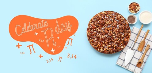Banner for International Pi Day with tasty pie on light blue background