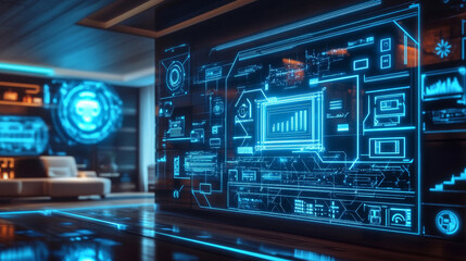 Obraz premium Hologram house. Digital and technological cottage background. The futuristic design of the building