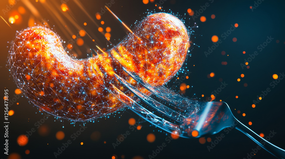 Poster a hologram of a sausage. sausage on a fork made of polygons, triangles of dots and lines. sausage ic