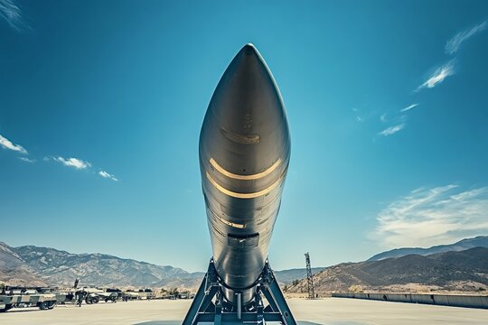Pershing ii medium-range ballistic missile pointing to the sky on its launch platform, ready to be launched, on a military base on a sunny day with blue sky and some clouds