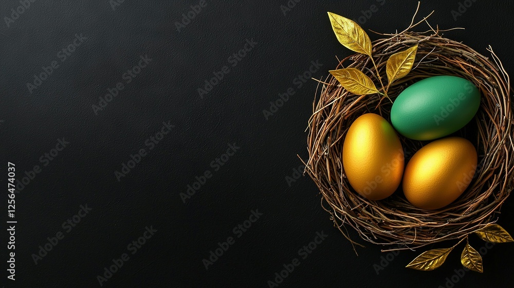 Poster three eggs in a leafy nest on a black background with space for a text or bird's image