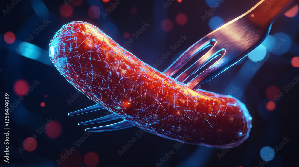 Poster a hologram of a sausage. sausage on a fork made of polygons, triangles of dots and lines. sausage ic