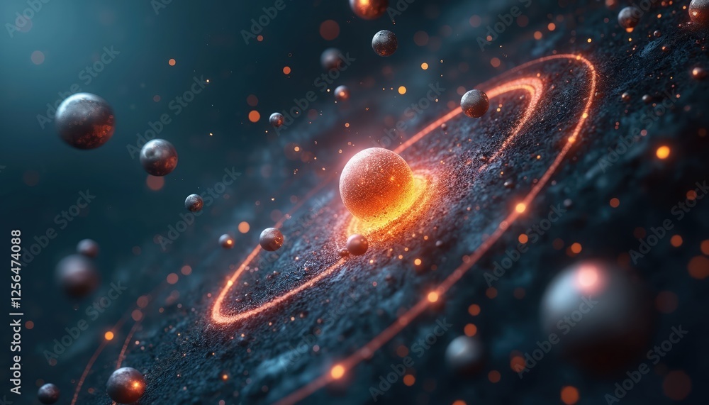 Aufkleber Atomic nucleus model with electrons orbiting fixed, positively charged nucleus in predictable glowing orange paths. Dark blue background. Physics concept visualization with orbits, atoms. Scientific
