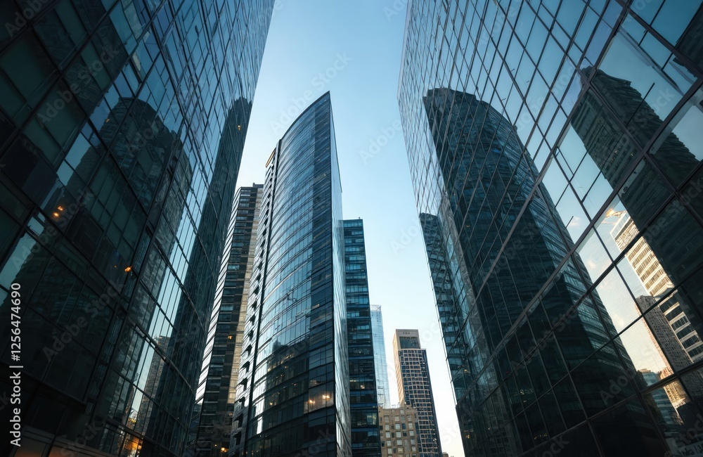 Aufkleber Low angle photo of modern glass building reflecting sky. Geometric facade patterns create urban scene. Contemporary architecture with symmetrical design reflects business, tech environment of