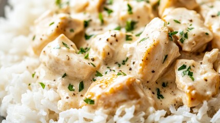 Close-up of rice with creamy chicken Alfredo. Featuring chicken in a rich Alfredo sauce with Parmesan cheese, served over rice. Emphasizing a comforting, creamy dish. Ideal for Alfredo recipes.