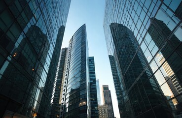 Naklejka premium Low angle photo of modern glass building reflecting sky. Geometric facade patterns create urban scene. Contemporary architecture with symmetrical design reflects business, tech environment of