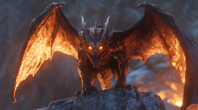 An intense, menacing dragon with glowing eyes perched on a rock, showcasing its powerful wings and fierce expression. Gargoyle Kingdoms. Illustration