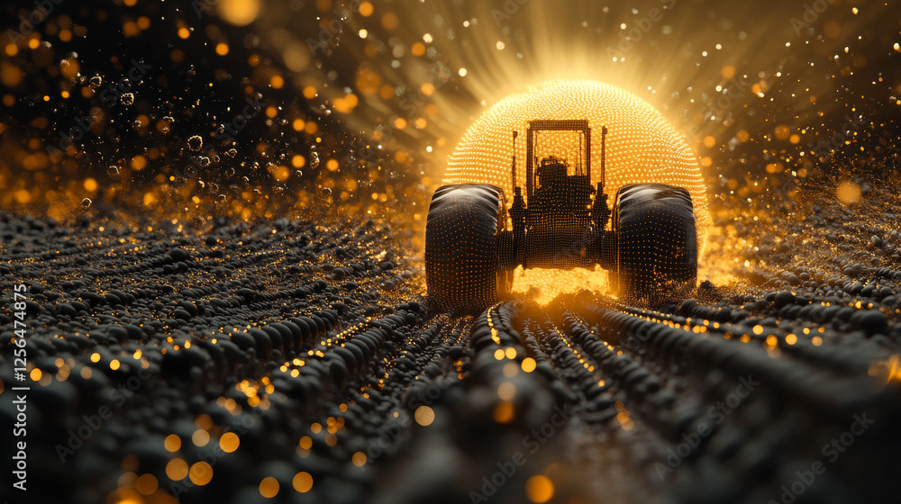 Poster tractor of the particles. the tractor consists of small dots and circles