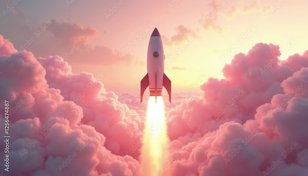 Poster 3d render of rocket launch through pink clouds against sunset sky. illustration of tech development 