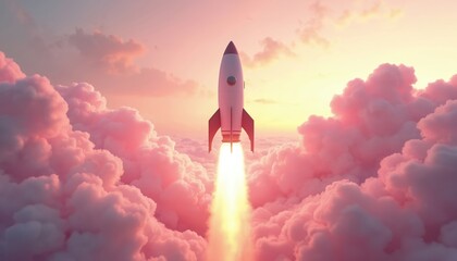 Obraz premium 3D render of rocket launch through pink clouds against sunset sky. Illustration of tech development journey, new product introduction. Symbol of business success, innovation. Space rocket flies to