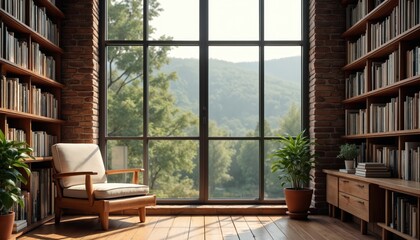 Scenic bookshelf background features interior home office library study. Window view with trees, hills. Rustic wood bookshelves cozy room backdrop. Virtual online presentation background for teams