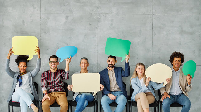 sign business man woman holding blank group message team businessman banner speech bubble copy space young showing businesswoman communication teamwork colleague