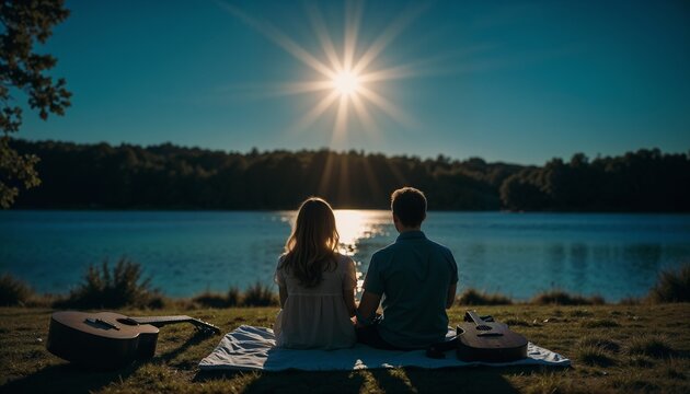 Couple enjoying sunset serenade by the lake with guitars on blanket and soft sun rays shining
