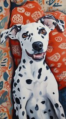 Dalmatian's delightful repose on vibrant patterned pillows artwork