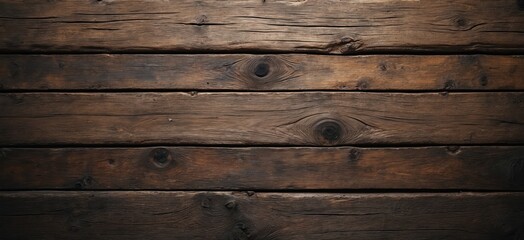Naklejka premium Rustic dark grunge wooden planks banner. Old brown timber texture wood background with aged surface, vintage decorative elements, cracks. Perfect for table top, wall, floor design.