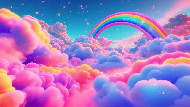 Dreamy pastel clouds and vibrant rainbow in fantasy sky
