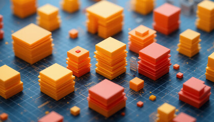 Fototapeta premium Abstract 3D Cubes: Orange & Red Stacks on Digital Grid for Data, AI, & Technology Concepts
