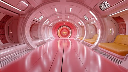 Obraz premium Futuristic, pink-lit corridor in a sci-fi setting with sleek benches and glowing walls