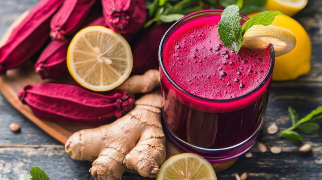 Roselle juice made from roselle calyx, ginger and lemon
