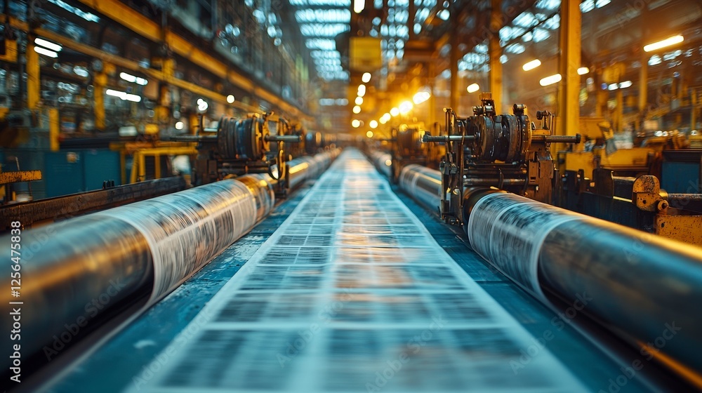 Aufkleber this photograph captures an intricate newspaper printing line in action, emphasizing the technical p